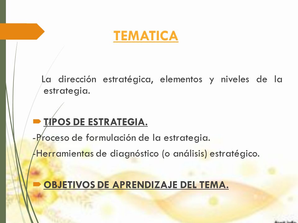 TEMATICA La dirección estratégica, elementos y niveles de la estrategia. TIPOS DE ESTRATEGIA. -Proceso de formulación de la estrategia.