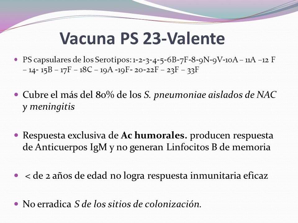 Vacuna PS 23-Valente PS capsulares de los Serotipos: B-7F-8-9N-9V-10A – 11A –12 F – B – 17F – 18C – 19A -19F F – 23F – 33F.