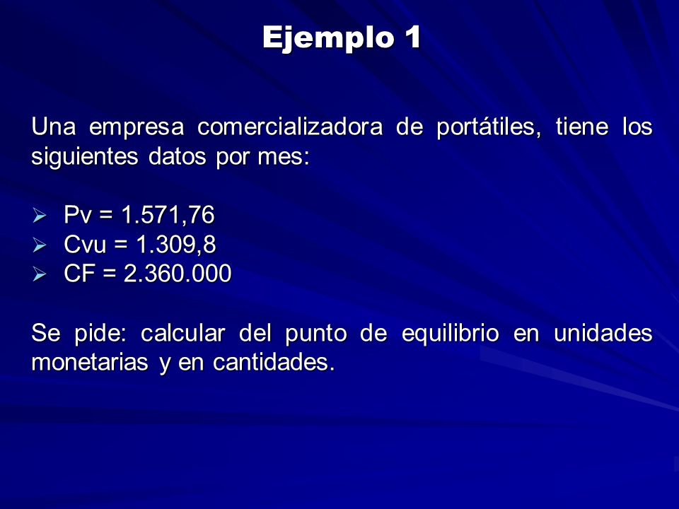 Ejemplo 1 Una empresa comercializadora de portátiles, tiene los siguientes datos por mes: Pv = 1.571,76.