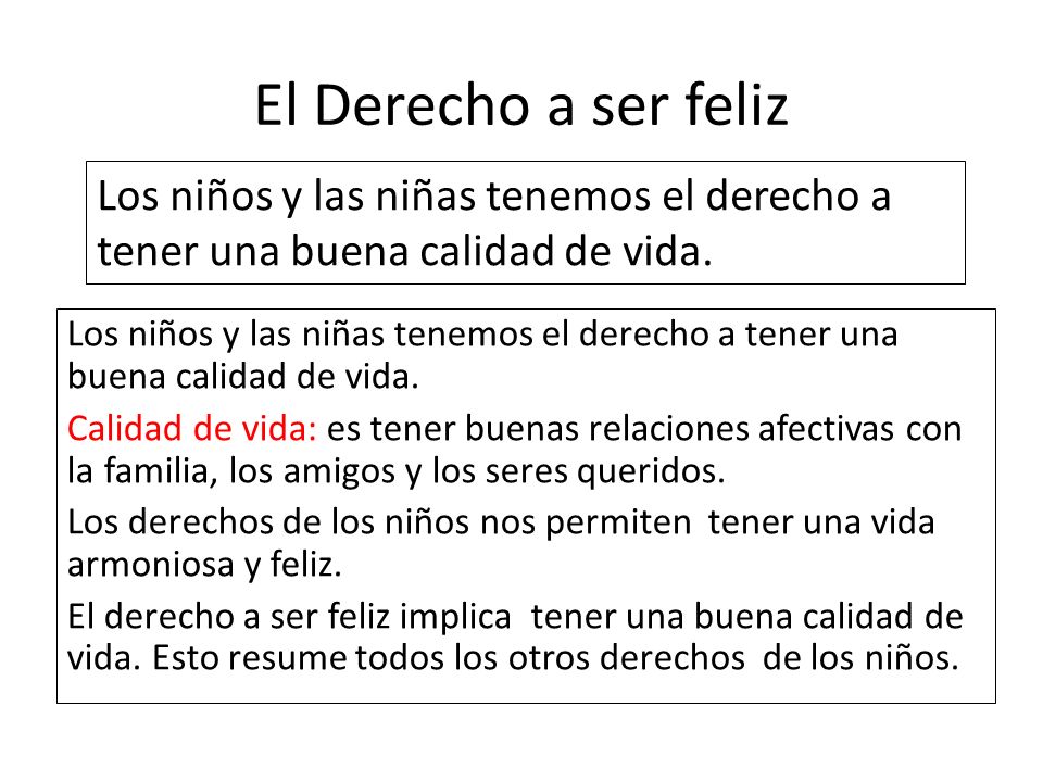 El Derecho a ser feliz Los niños y las niñas tenemos el derecho a tener una buena calidad de vida.