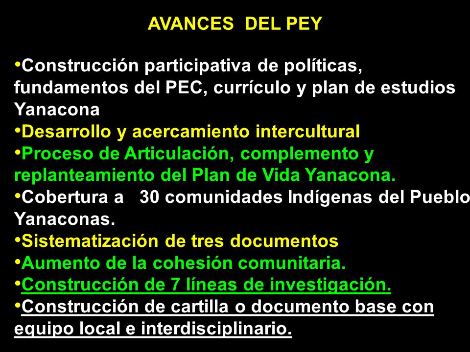 AVANCES DEL PEY Construcción participativa de políticas, fundamentos del PEC, currículo y plan de estudios Yanacona.