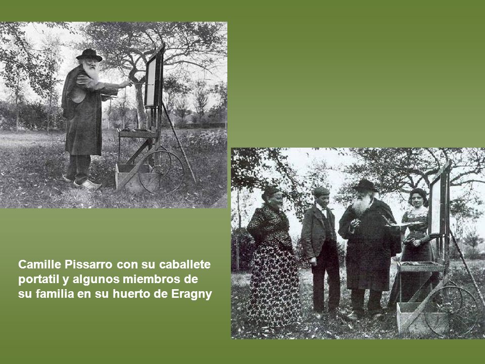 Camille Pissarro con su caballete portatil y algunos miembros de su familia en su huerto de Eragny