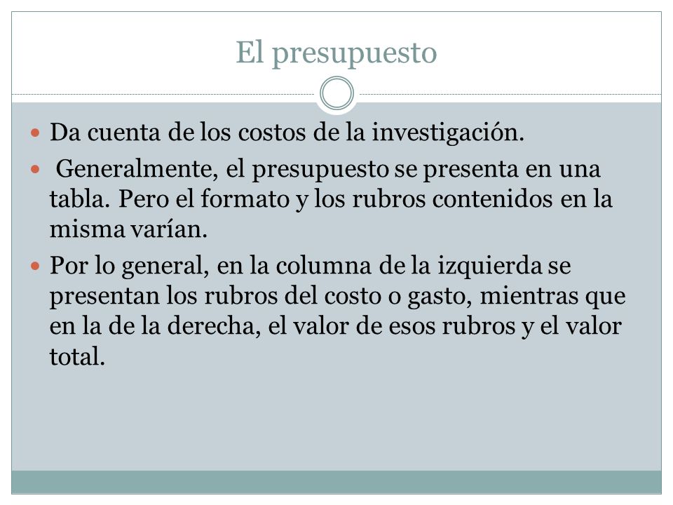El presupuesto Da cuenta de los costos de la investigación.