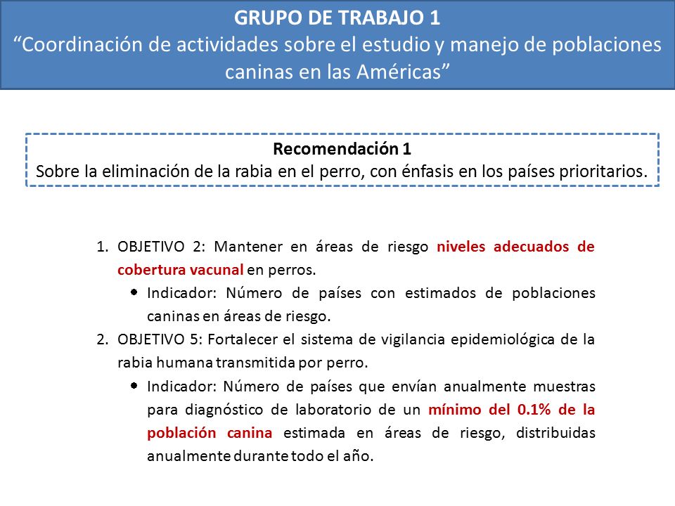 GRUPO DE TRABAJO 1 Coordinación de actividades sobre el estudio y manejo de poblaciones caninas en las Américas