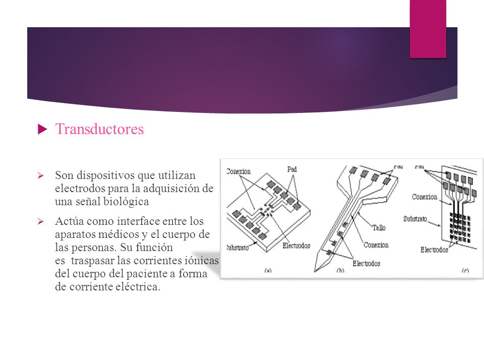 Transductores Son dispositivos que utilizan electrodos para la adquisición de una señal biológica.