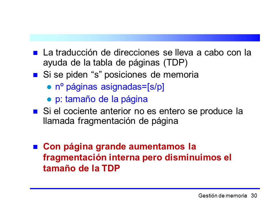 La traducción de direcciones se lleva a cabo con la ayuda de la tabla de páginas (TDP)