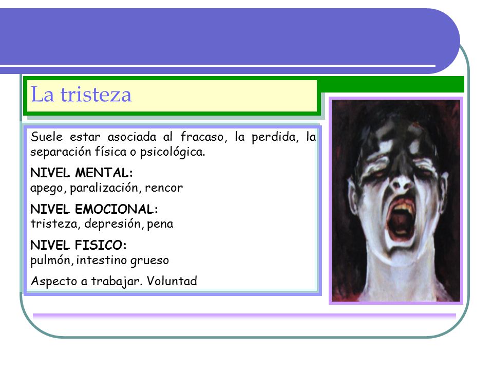 La tristeza Suele estar asociada al fracaso, la perdida, la separación física o psicológica. NIVEL MENTAL: