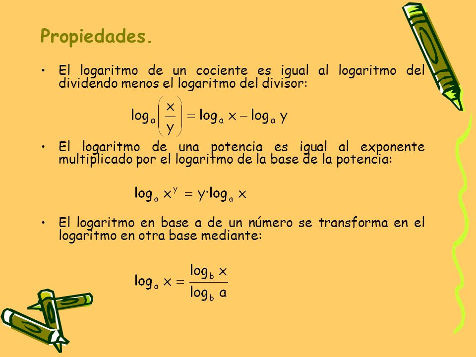 Propiedades. El logaritmo de un cociente es igual al logaritmo del dividendo menos el logaritmo del divisor: