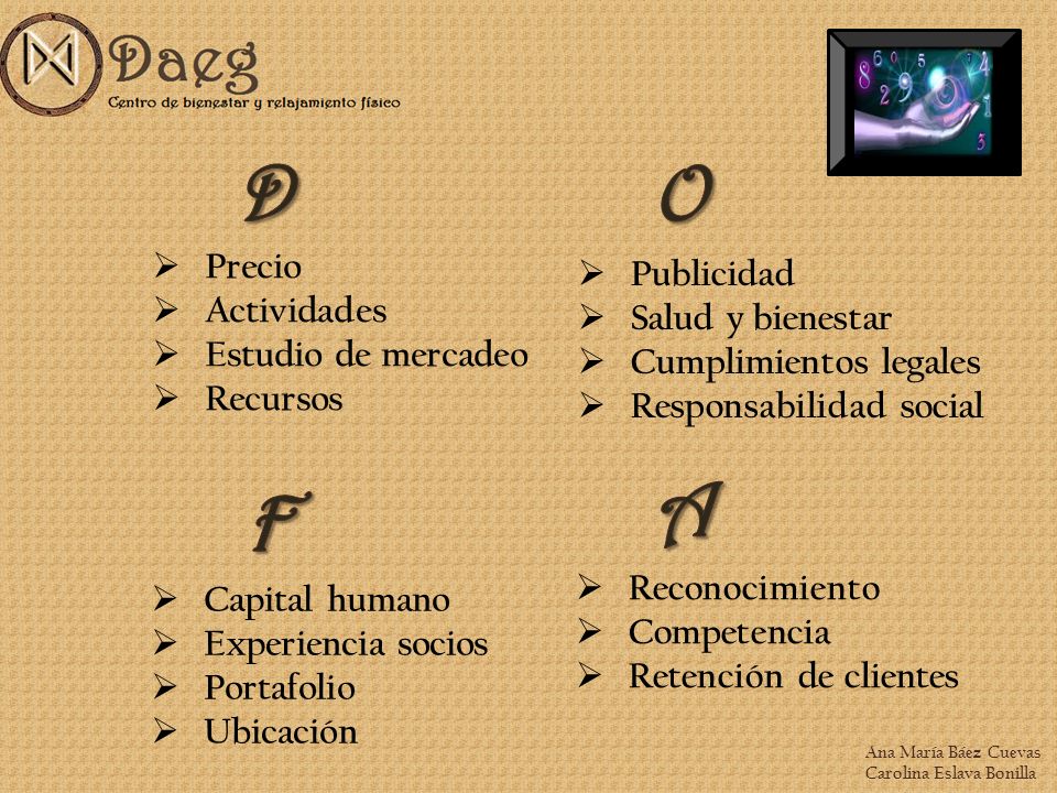 D O A F Precio Publicidad Actividades Salud y bienestar