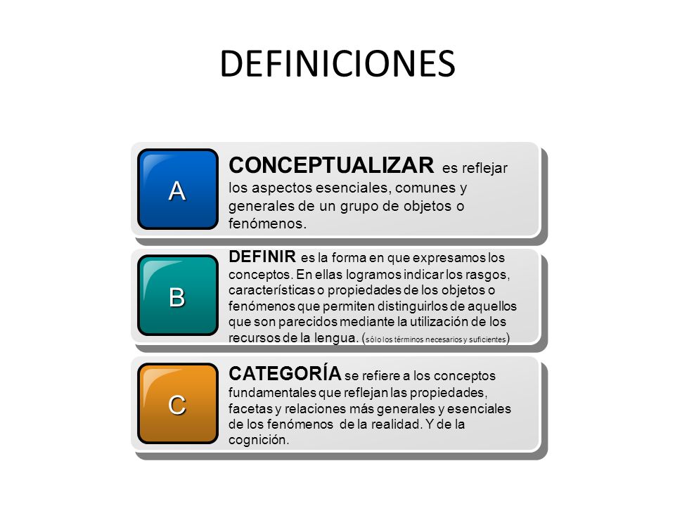 DEFINICIONES A. CONCEPTUALIZAR es reflejar los aspectos esenciales, comunes y generales de un grupo de objetos o fenómenos.