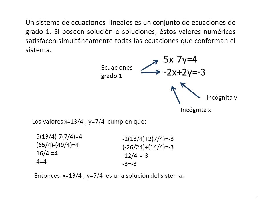 Un sistema de ecuaciones lineales es un conjunto de ecuaciones de grado 1. Si poseen solución o soluciones, éstos valores numéricos satisfacen simultáneamente todas las ecuaciones que conforman el sistema.