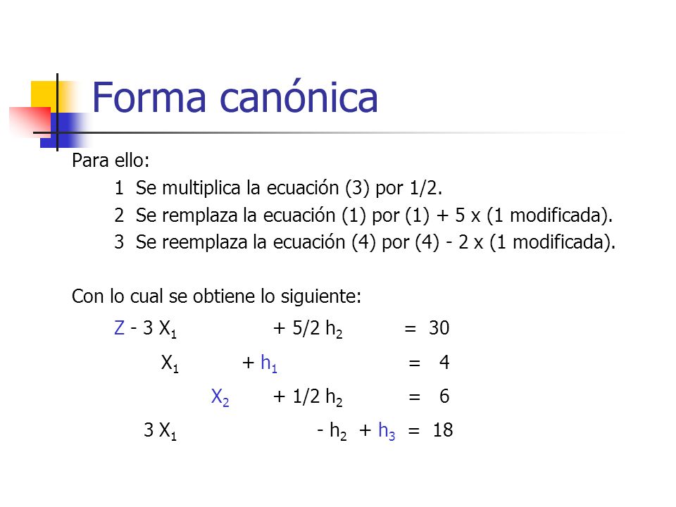 Forma canónica Para ello: Z - 3 X1 + 5/2 h2 = 30