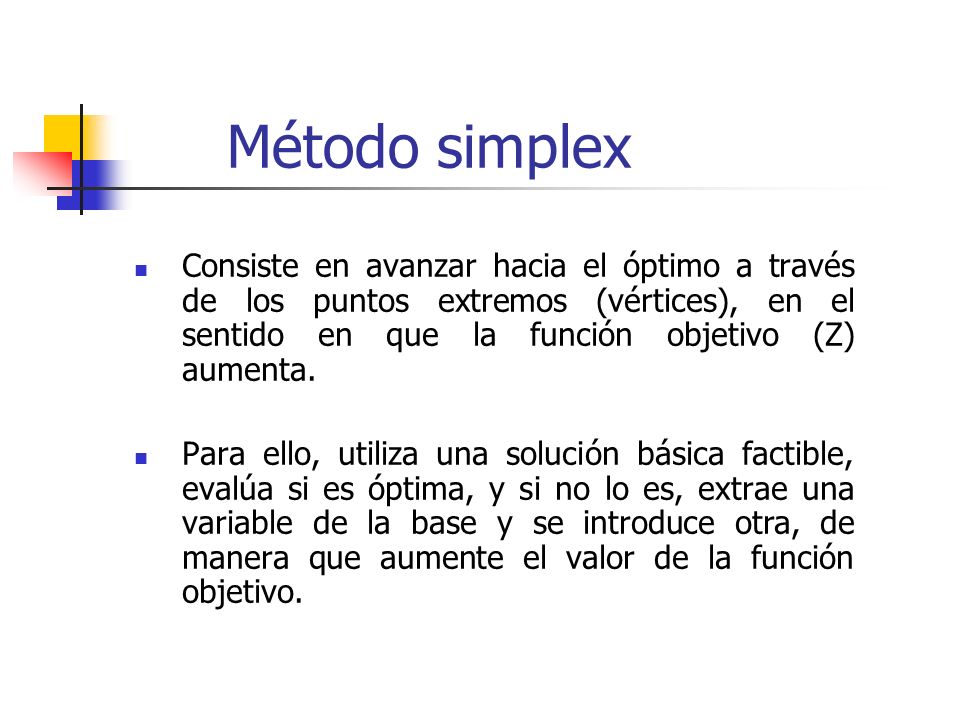Método simplex Consiste en avanzar hacia el óptimo a través de los puntos extremos (vértices), en el sentido en que la función objetivo (Z) aumenta.