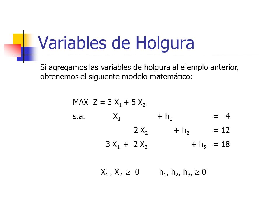 Variables de Holgura Si agregamos las variables de holgura al ejemplo anterior, obtenemos el siguiente modelo matemático: