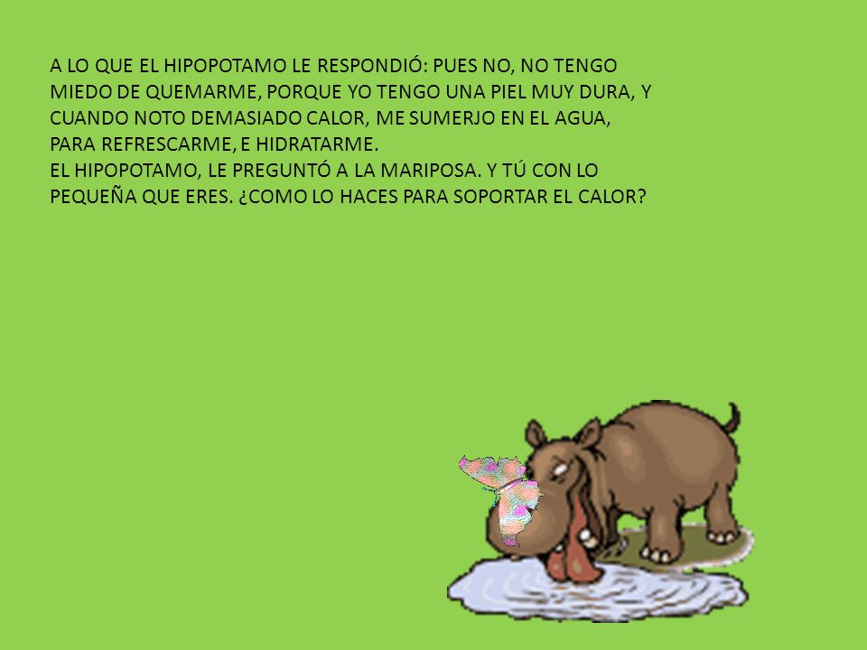 A LO QUE EL HIPOPOTAMO LE RESPONDIÓ: PUES NO, NO TENGO MIEDO DE QUEMARME, PORQUE YO TENGO UNA PIEL MUY DURA, Y CUANDO NOTO DEMASIADO CALOR, ME SUMERJO EN EL AGUA, PARA REFRESCARME, E HIDRATARME.