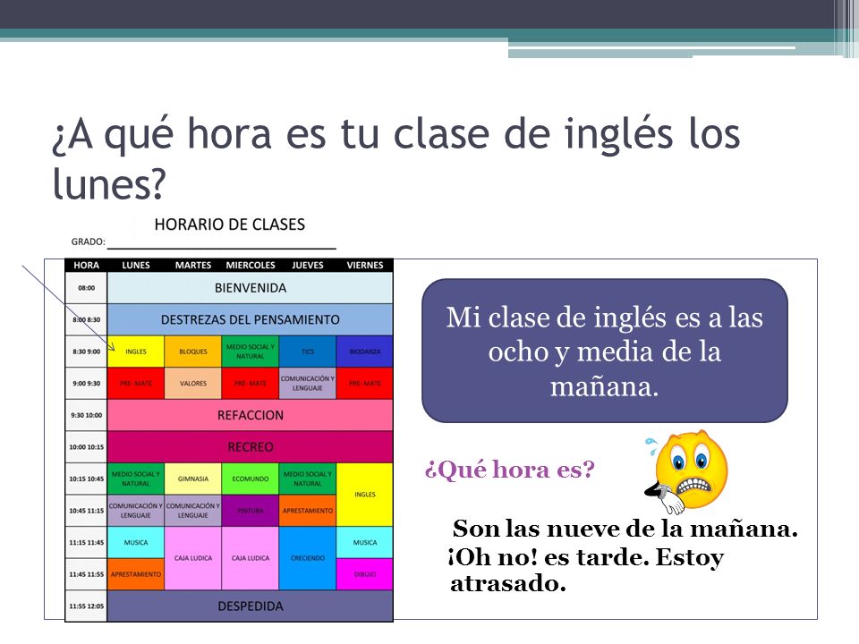 ¿A qué hora es tu clase de inglés los lunes