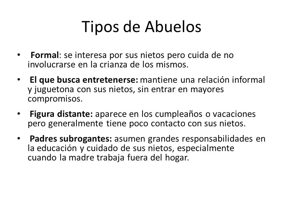 Tipos de Abuelos Formal: se interesa por sus nietos pero cuida de no involucrarse en la crianza de los mismos.