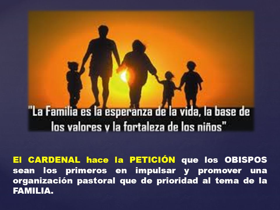 El CARDENAL hace la PETICIÓN que los OBISPOS sean los primeros en impulsar y promover una organización pastoral que de prioridad al tema de la FAMILIA.