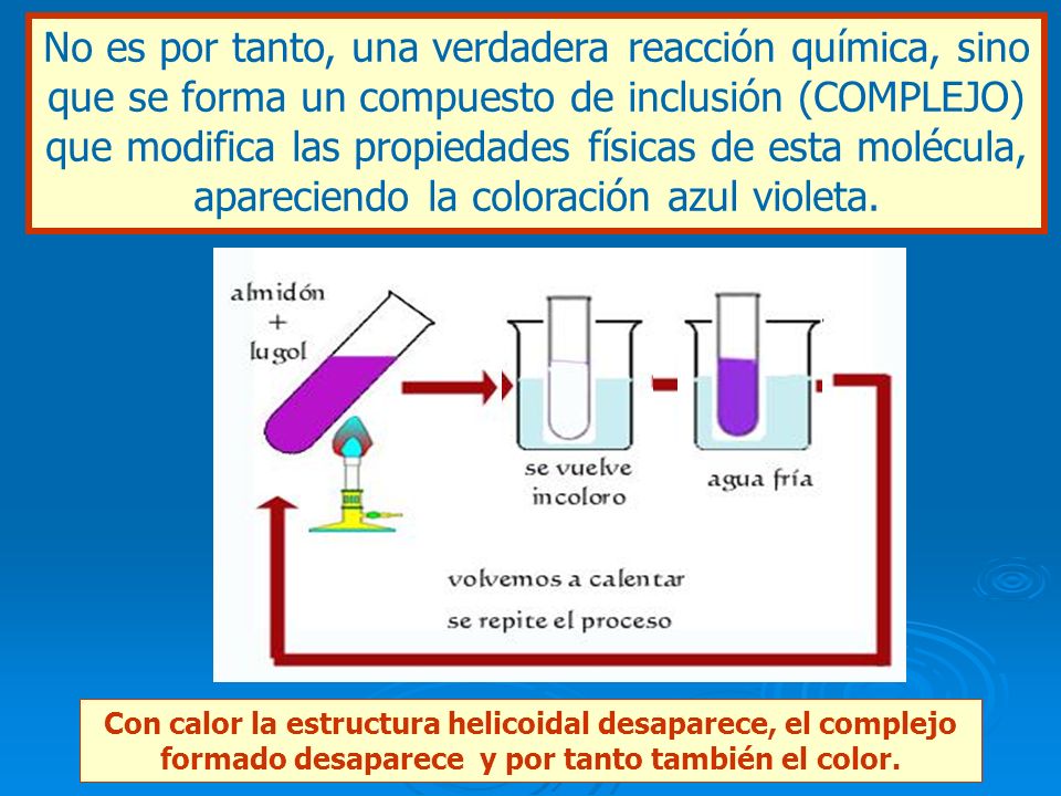 No es por tanto, una verdadera reacción química, sino que se forma un compuesto de inclusión (COMPLEJO) que modifica las propiedades físicas de esta molécula, apareciendo la coloración azul violeta.