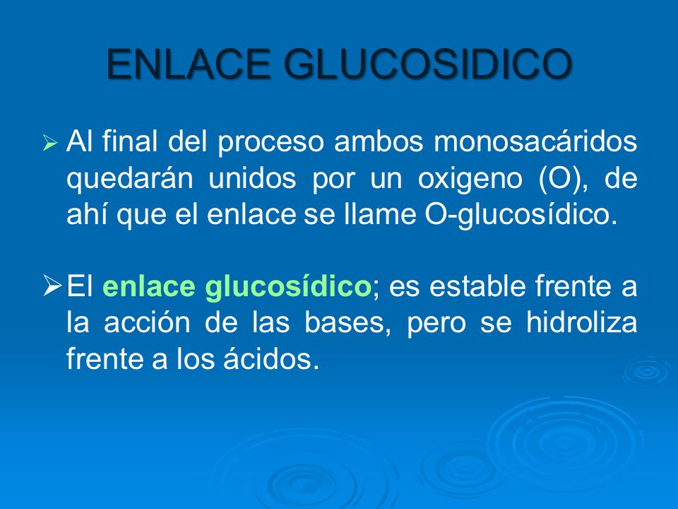 ENLACE GLUCOSIDICO Al final del proceso ambos monosacáridos quedarán unidos por un oxigeno (O), de ahí que el enlace se llame O-glucosídico.