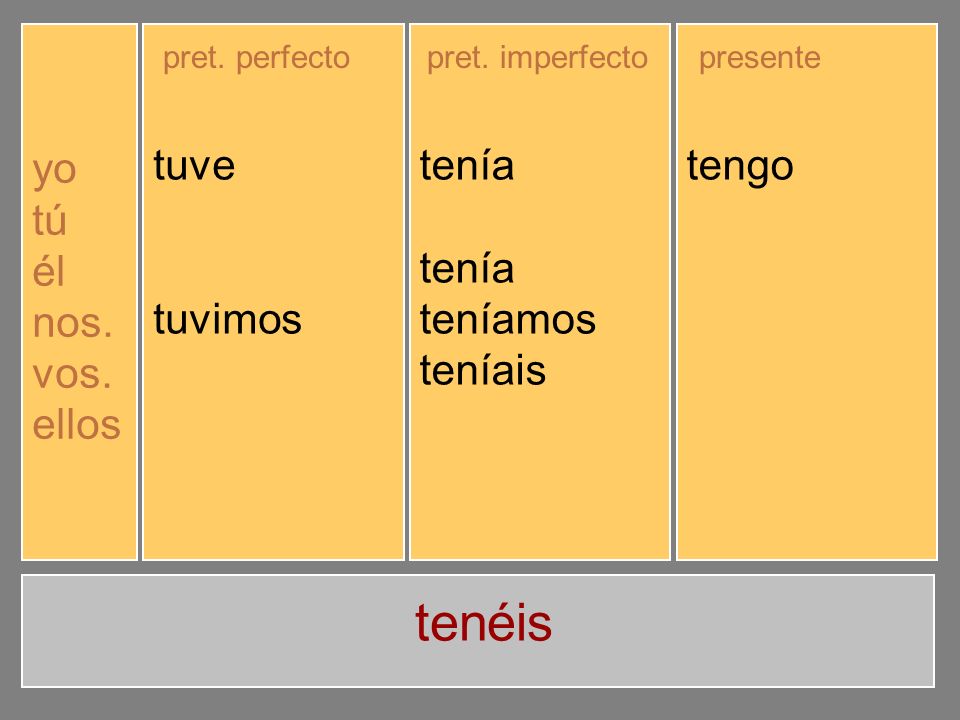 tenéis yo tú él nos. vos. ellos tuve tuviste tuvo tuvimos tuvisteis