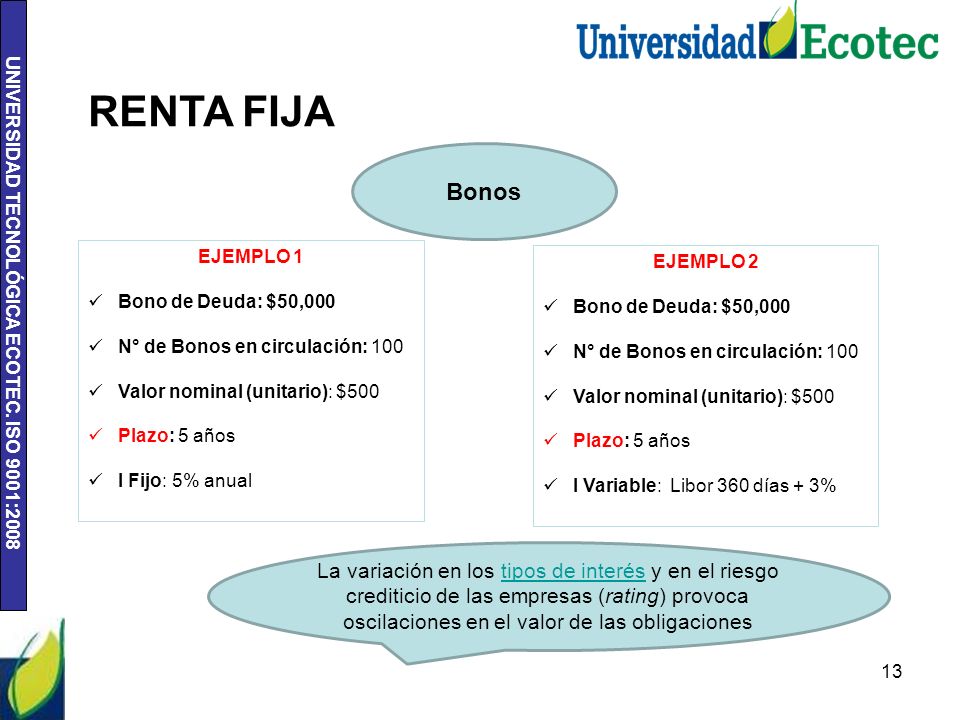 RENTA FIJA Bonos. EJEMPLO 1. Bono de Deuda: $50,000. N° de Bonos en circulación: 100. Valor nominal (unitario): $500.