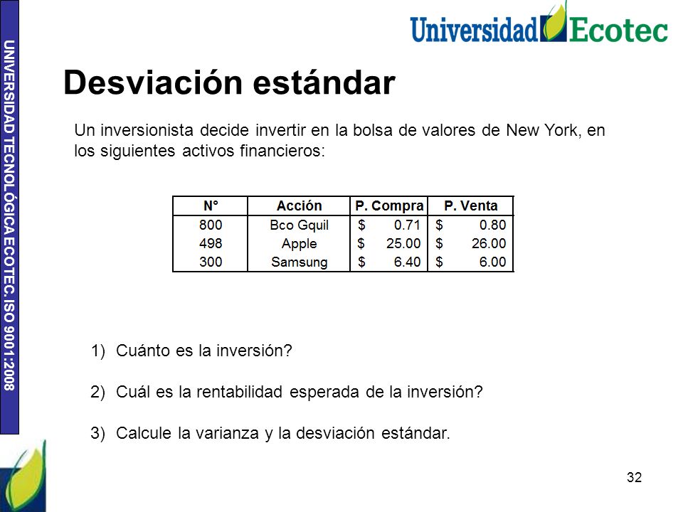 Desviación estándar Un inversionista decide invertir en la bolsa de valores de New York, en los siguientes activos financieros: