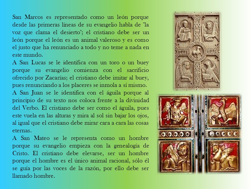 San Marcos es representado como un león porque desde las primeras líneas de su evangelio habla de la voz que clama el desierto ; el cristiano debe ser un león porque el león es un animal valeroso y es como el justo que ha renunciado a todo y no teme a nada en este mundo.