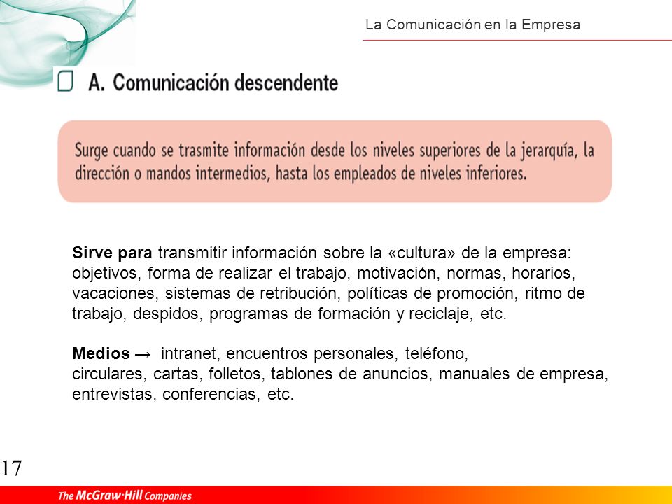 Sirve para transmitir información sobre la «cultura» de la empresa: objetivos, forma de realizar el trabajo, motivación, normas, horarios, vacaciones, sistemas de retribución, políticas de promoción, ritmo de trabajo, despidos, programas de formación y reciclaje, etc.