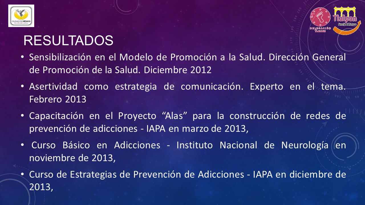 RESULTADOS Sensibilización en el Modelo de Promoción a la Salud. Dirección General de Promoción de la Salud. Diciembre