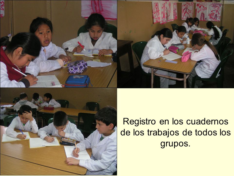 Registro en los cuadernos de los trabajos de todos los grupos.