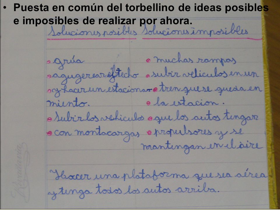 Puesta en común del torbellino de ideas posibles e imposibles de realizar por ahora.