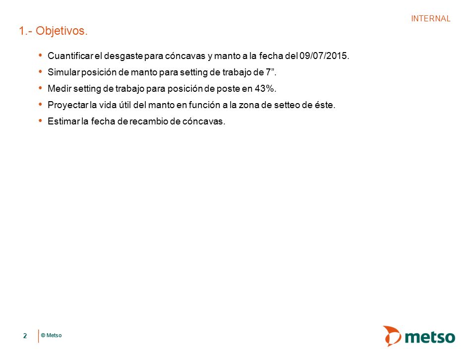 INTERNAL 1.- Objetivos. Cuantificar el desgaste para cóncavas y manto a la fecha del 09/07/2015.