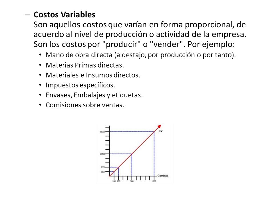 Costos Variables Son aquellos costos que varían en forma proporcional, de acuerdo al nivel de producción o actividad de la empresa. Son los costos por producir o vender . Por ejemplo: