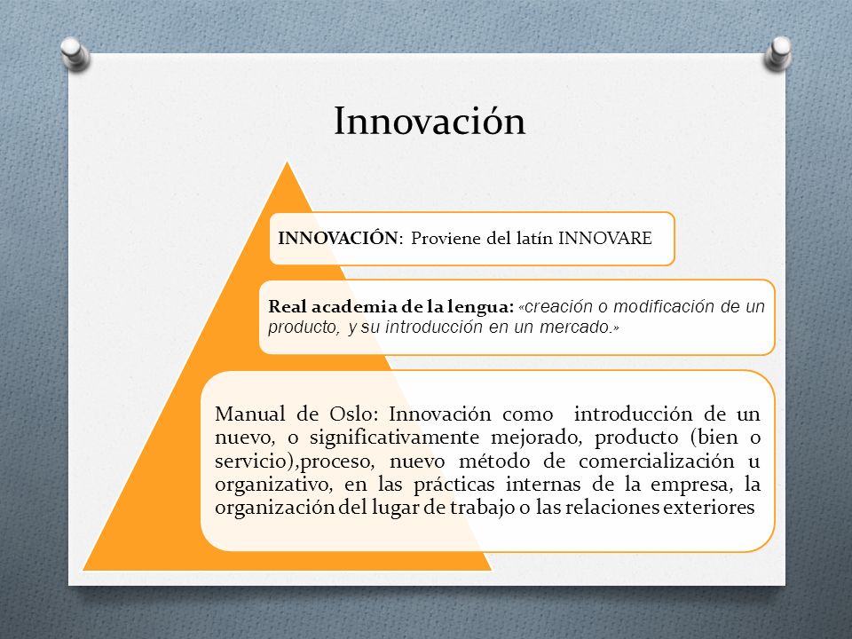 Innovación Real academia de la lengua: «creación o modificación de un producto, y su introducción en un mercado.»