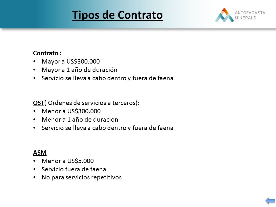 Tipos de Contrato Contrato : Mayor a US$