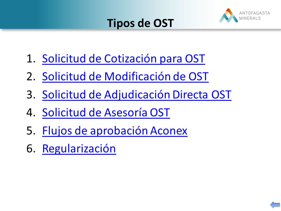 Tipos de OST Solicitud de Cotización para OST. Solicitud de Modificación de OST. Solicitud de Adjudicación Directa OST.