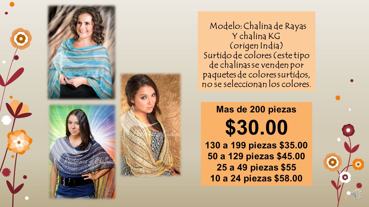 Modelo: Chalina de Rayas Y chalina KG (origen India) Surtido de colores (este tipo de chalinas se venden por paquetes de colores surtidos, no se seleccionan los colores.