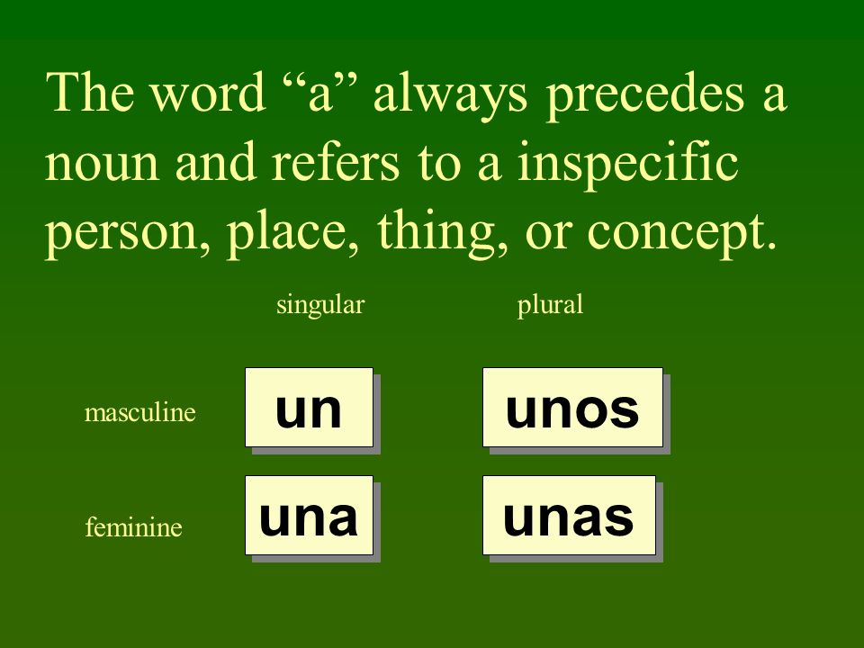 The word a always precedes a noun and refers to a inspecific person, place, thing, or concept.