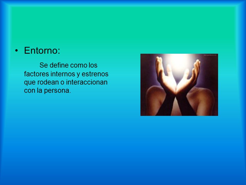 Entorno: Se define como los factores internos y estrenos que rodean o interaccionan con la persona.