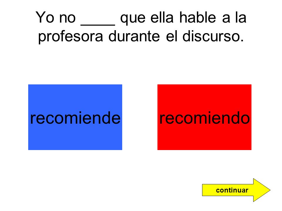 Yo no ____ que ella hable a la profesora durante el discurso.