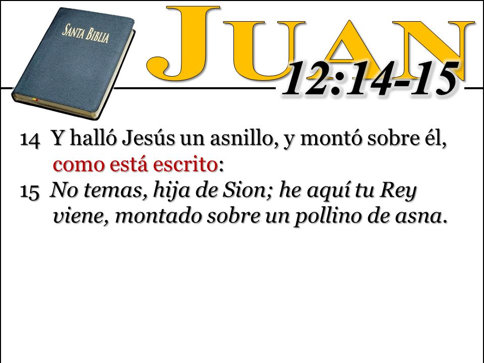 Juan 12: Y halló Jesús un asnillo, y montó sobre él, como está escrito: