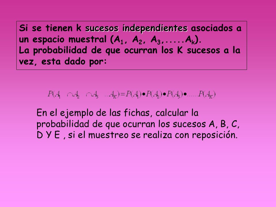 Si se tienen k sucesos independientes asociados a un espacio muestral (A1, A2, A3,.....Ak).