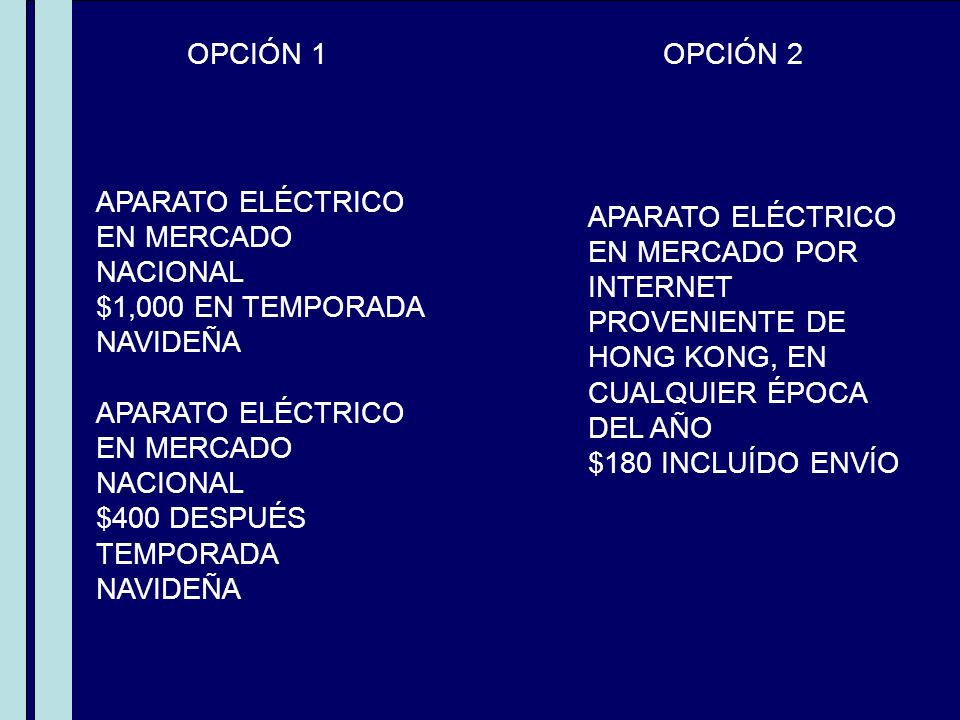 OPCIÓN 1 OPCIÓN 2. APARATO ELÉCTRICO. EN MERCADO NACIONAL. $1,000 EN TEMPORADA NAVIDEÑA. $400 DESPUÉS TEMPORADA NAVIDEÑA.