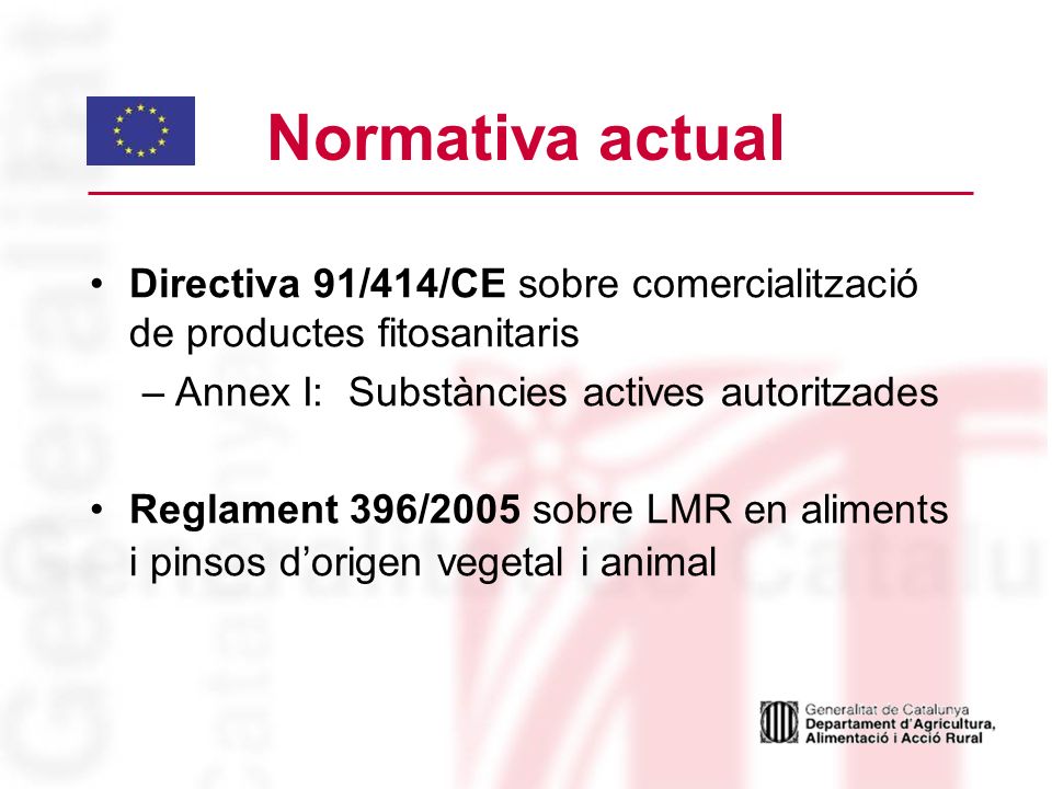 Normativa actual Directiva 91/414/CE sobre comercialització de productes fitosanitaris. Annex I: Substàncies actives autoritzades.