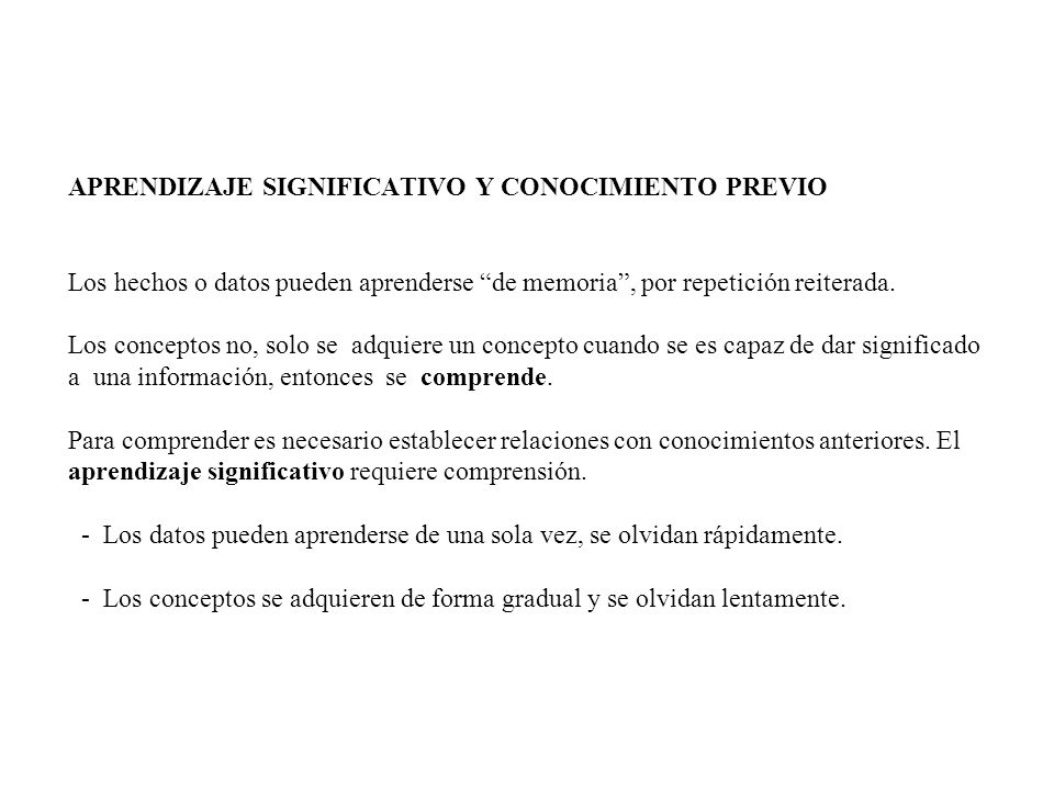 APRENDIZAJE SIGNIFICATIVO Y CONOCIMIENTO PREVIO Los hechos o datos pueden aprenderse de memoria , por repetición reiterada.