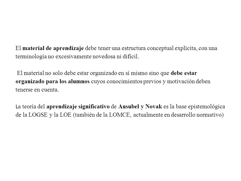 El material de aprendizaje debe tener una estructura conceptual explícita, con una terminología no excesivamente novedosa ni difícil.