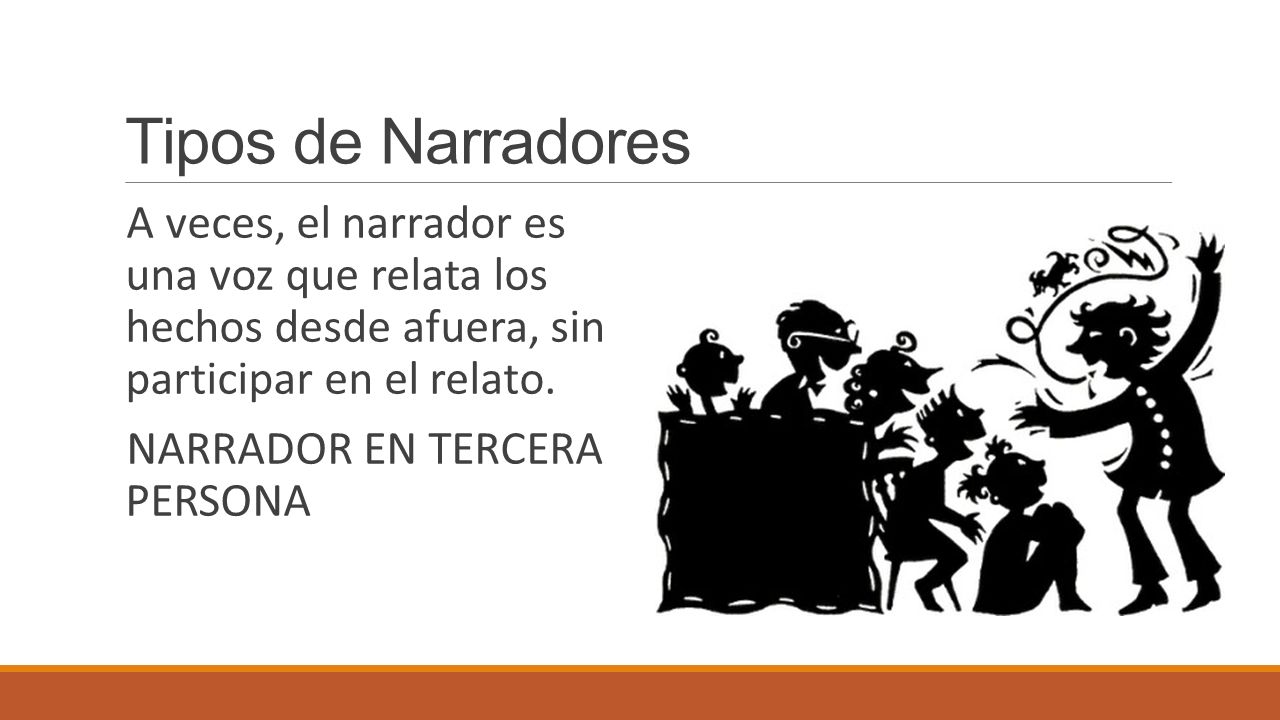 Tipos de Narradores A veces, el narrador es una voz que relata los hechos desde afuera, sin participar en el relato.