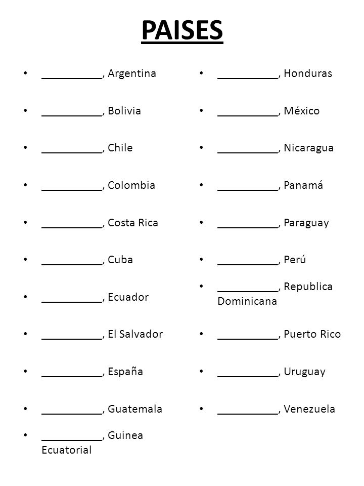 PAISES __________, Argentina __________, Bolivia __________, Chile