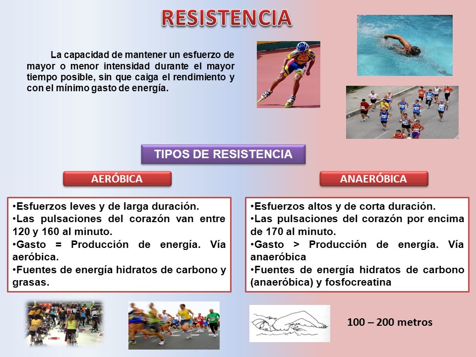 RESISTENCIA TIPOS DE RESISTENCIA AERÓBICA ANAERÓBICA 100 – 200 metros
